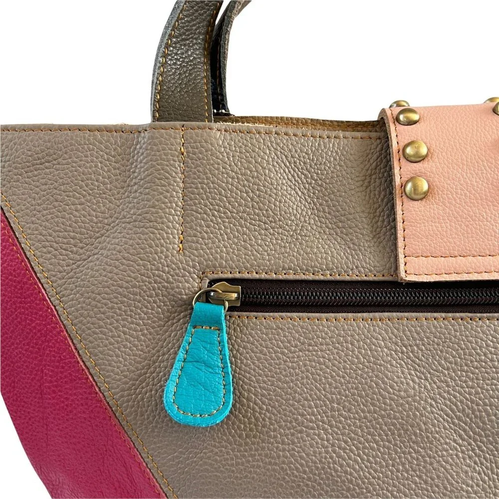 NWT AmeriLeather Thea Leather Tote Bag Boho Colorful Purse Studs Brass P… - Picture 5 of 14